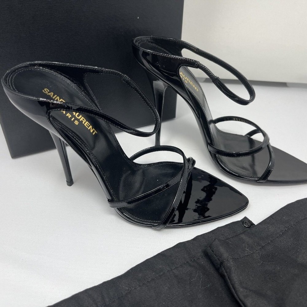New GIPPY YSL Saint Laurent Black Patent Leather Strappy Sandal 40 EU 10 US